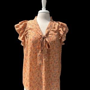 Coquette Cottagecore Top Plus Sz 2X Orange Floral Double Ruffle Sleeve Blouse